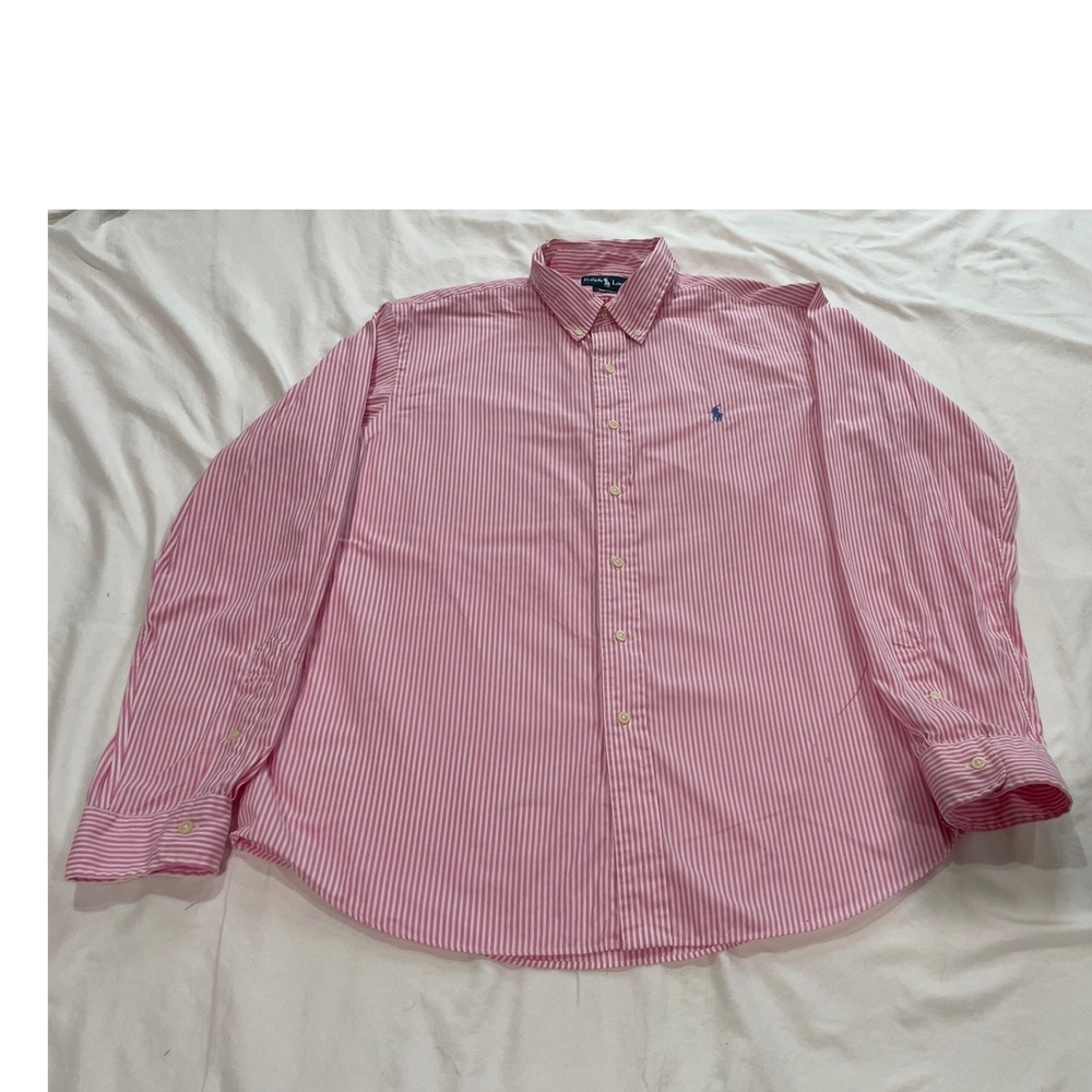 Ralph Lauren Mens XL Custom Fit Pink White Striped Cotton Button Down Shirt